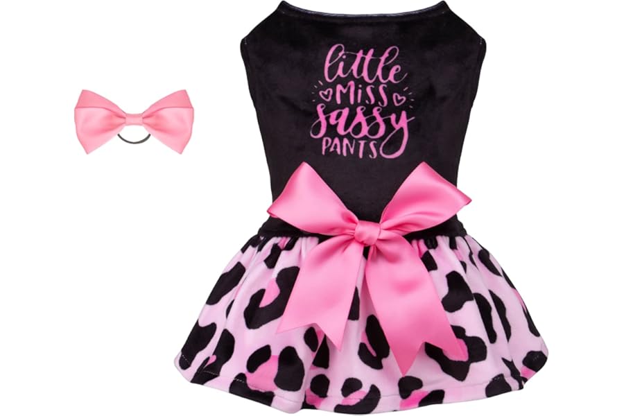 CuteBone Little Miss Sassy Pants Dog Leopard Print Dress Velvet for Small Dogs Girl Puppy Dresses Pink Dog Clothes