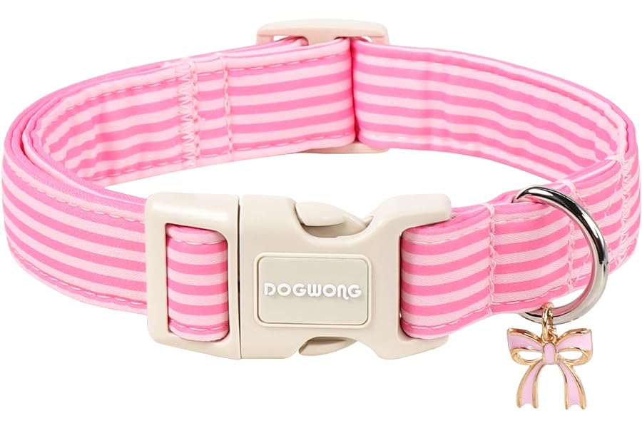 DOGWONG Pink Dog Collar, Pink Striped Dog Collar with Plastic Buckle, Summer Spring Cute Girl Female Dogs Collars for Small Medium Dogs, Neck 11-16 inches
