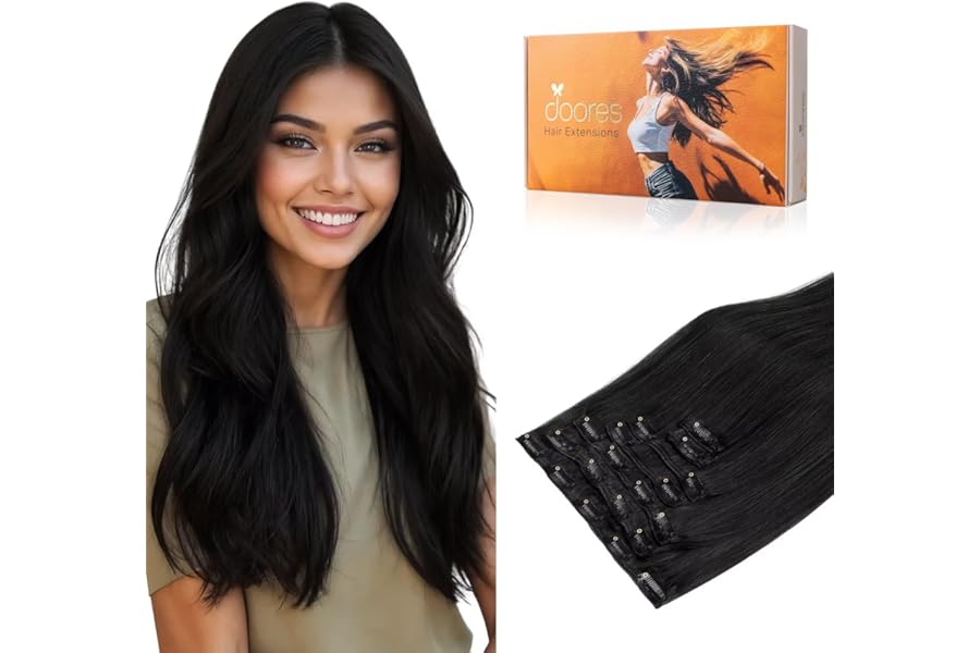 DOORES Black Clip in Hair Extensions Jet Black 20 Inch 7pcs 120g Human Hair Clip in Extensions Natural Straight for Women Daily Use