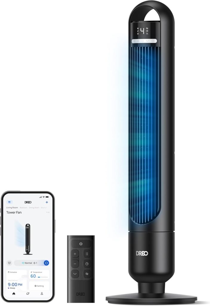 DREO ventilateur colonne intelligent pour chambre à coucher, ventilateur sur pied silencieux de 28 dB, portée d’air jusqu’à 8,8 m, 4 vitesses & 3 modes, minuterie 8H,Alexa & Google, oscillation à 90°