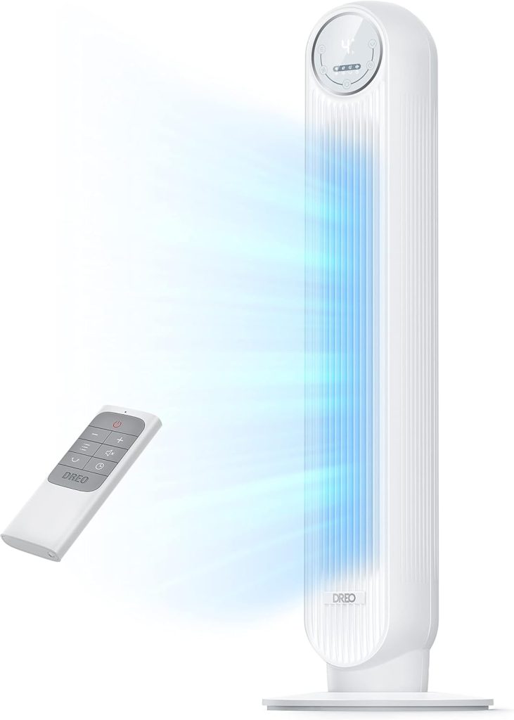 DREO ventilateur colonne silencieux, Vitesse 7,6 m/s - Oscillant à 90° ventilateurs tour pour chambre, 92 cm de haut, Télécommande incluse, 4 vitesses, 4 modes, minuterie 8H, Noir - Nomad One