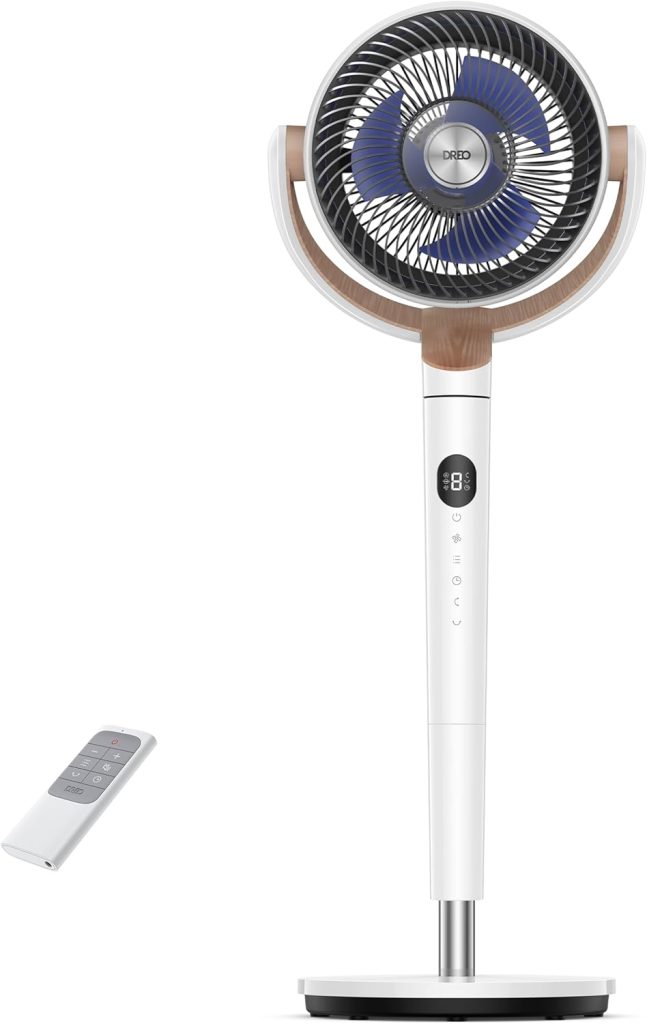 DREO ventilateur sur pied silencieux 20 dB avec oscillation omnidirectionnelle 120°+120°, portée du vent 26 m, débit d’air 1615 m³/h, circulateur Turbo, hauteur réglable 94–107 cm, 3 modes, 8 vitesses