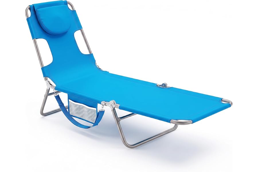 DUMOS Lounge Chair Outdoor, Beach Tanning Chair with Face Hole, Blue | 5-Position Adjustable Sunbathing Tanning Chair, Foldable Portable Chaise Lounge by Pool Patio Lawn Camping Reading, Arm Hole