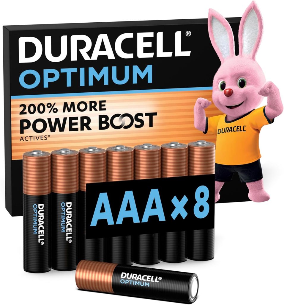DURACELL Optimum Piles AAA (Lot de 8) – Piles Alcalines 1,5V – +200 % d’actifs Power Boost – Répondent aux exigences des appareils modernes–100 % Recyclables, 0 % de plastique dans l’emballage–MX2400