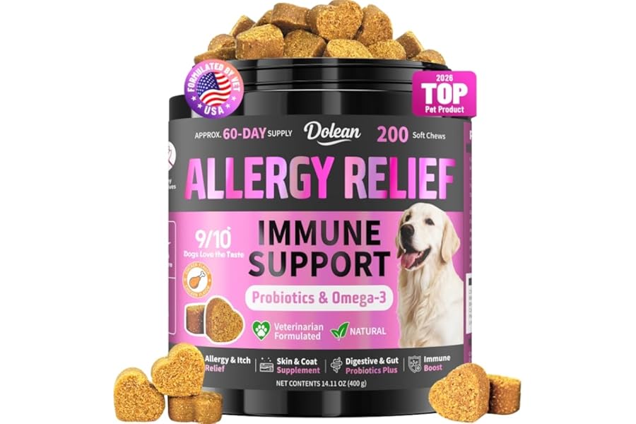 Dog Allergy Chews, Dog Allergy Relief for Itching Skin, Paw Licking, Yeast Relief, Hot Spots, Itchy Ears & Seasonal Allergies, Immune Support– with Colostrum, Probiotics – Chicken Flavor (200ct)