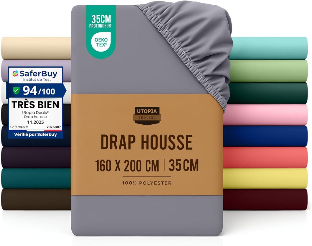Drap Housse Gris 160x200cm Microfibre Polyester 35cm