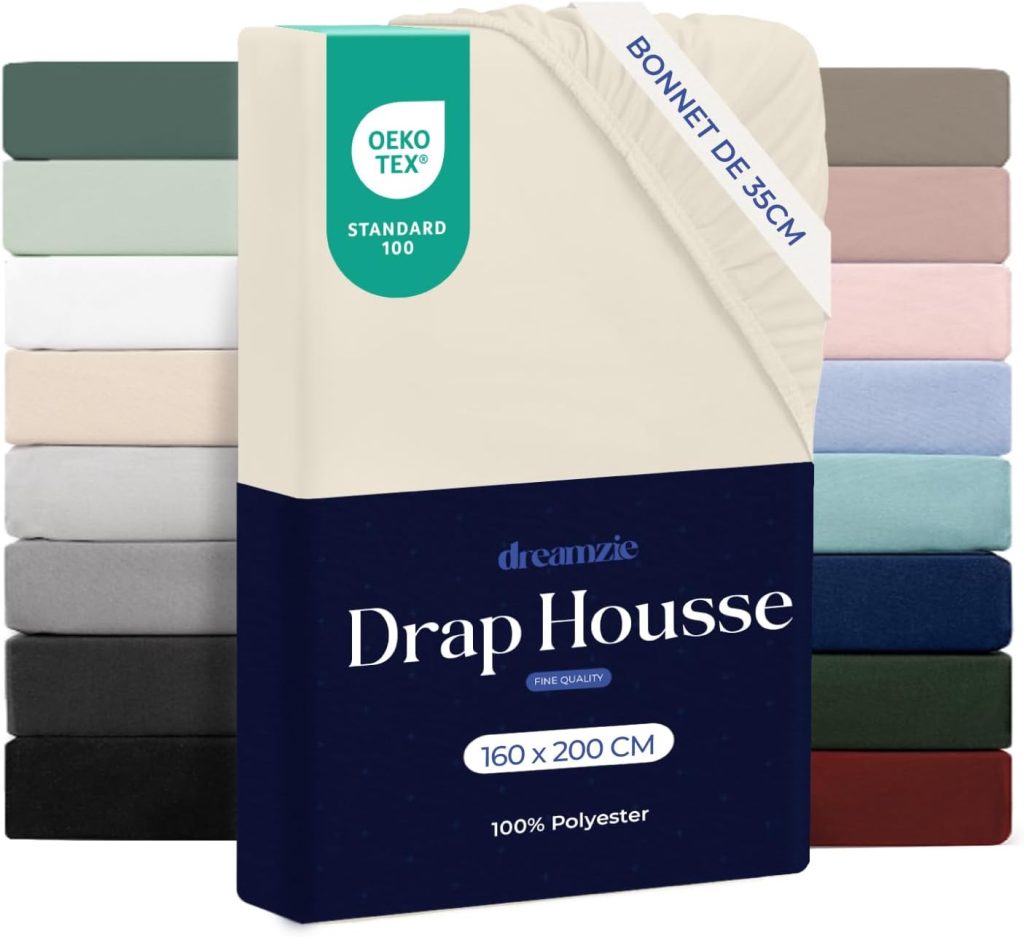 Dreamzie - Drap Housse 160x200 Bonnet 35 cm | Microfibre Ultra Douce - Matelas Épais - Oeko-Tex | Confort, Respirabilité, Entretien Facile - Beige