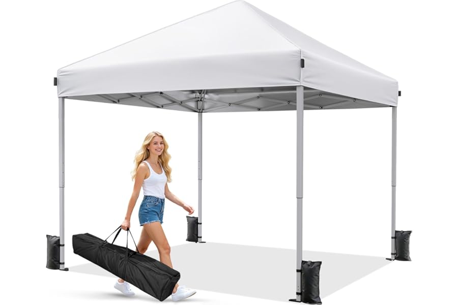 Driftalia 10x10 Pop Up Canopy Tent, Instant Setup Portable Canopy with Carry Bag, 4 Sandbags and 8 Stakes for Outdoor Events, Parties & Camping - White