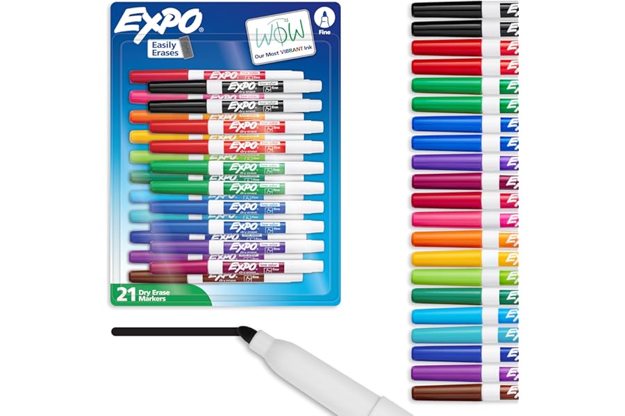 EXPO Dry Erase Markers, Low Odor Ink, Assorted Colors, Fine Tip, 21 Count - Whiteboard, Essential Supplies for Office, School, Classroom, Teachers
