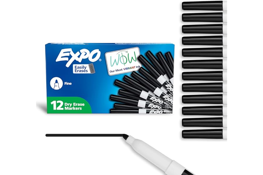 EXPO Dry Erase Markers, Low Odor Ink, Black, Fine Tip, 12 Count - Whiteboard, Calendar, Organization, Essential Supplies for Office, School, Classroom, Teachers