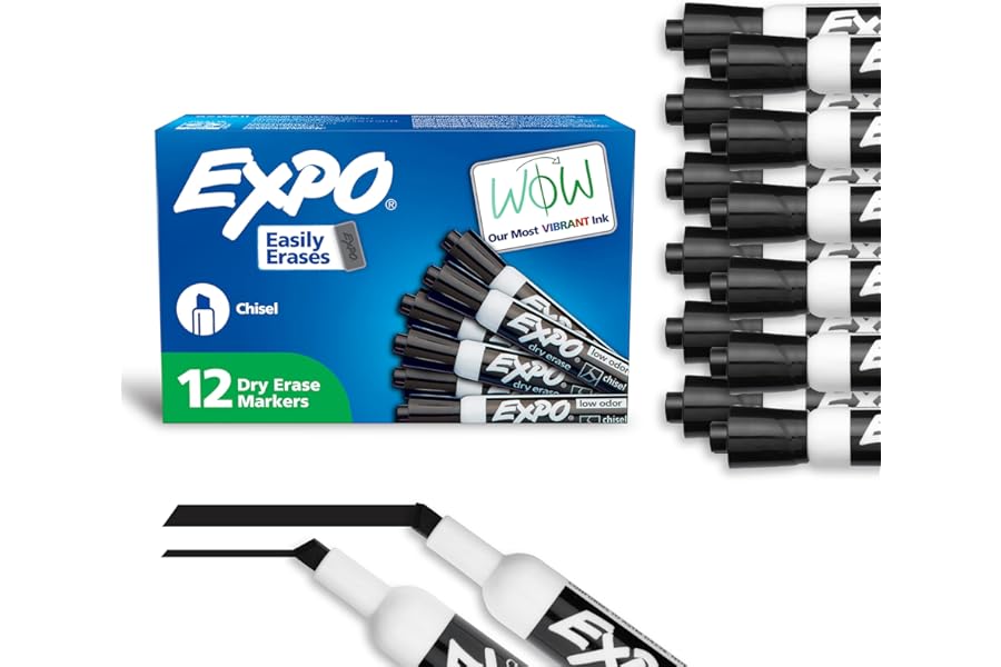 EXPO Dry Erase Markers, Low Odor Ink, Black, Chisel Tip, 12 Count - Whiteboard, Calendar, Organization, Essential Supplies for Office, School, Classroom, Teachers