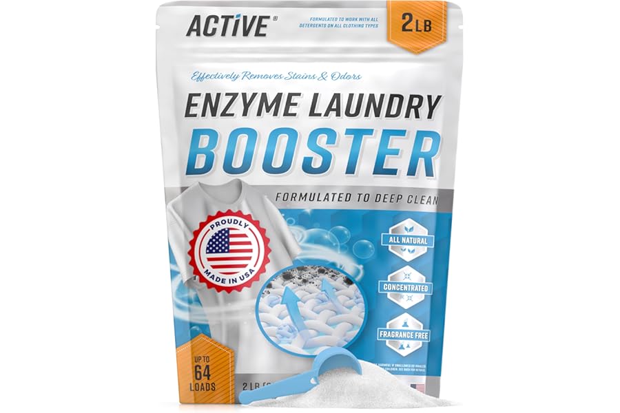 Enzyme Laundry Booster Odor Remover - 2 lbs Unscented Enzymatic Clothes Stain Cleaner Powder, Natural Deodorizer with Bio Active Enzymes, Detergent Additive Eliminator for Sweat, Oil, Blood - 64 Loads