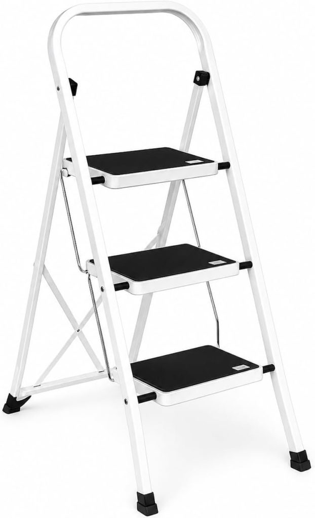 Escalera Plegable de 3 peldaños con Estructura de Acero | Taburete Multifuncional con Superficie Antideslizante y Base Estable | Ligera, portátil y Segura para hogar, Oficina y tareas domésticas