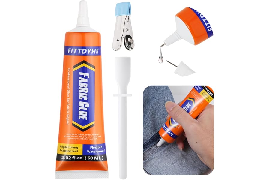 FITTDYHE Fabric Glue Permanent, 60 ML Washable Clear Clothing Glue, Super Fabric Glue for Rhinestones, Patches, Clothes, Denim, Leather, Polyester, Fabrics, Doll Repair, Flannel, Cotton