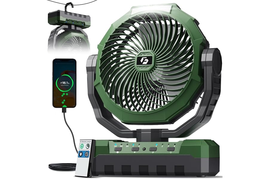 FRIZCOL 3-in-1 Camping Fan - Portable Fans Rechargeable - 24000mAh Battery Powered Fan with Light & Remote for Indoor, Outdoor, Tent, Travel, Fishing, Jobsite, Gifts for Men Dad Him - Green