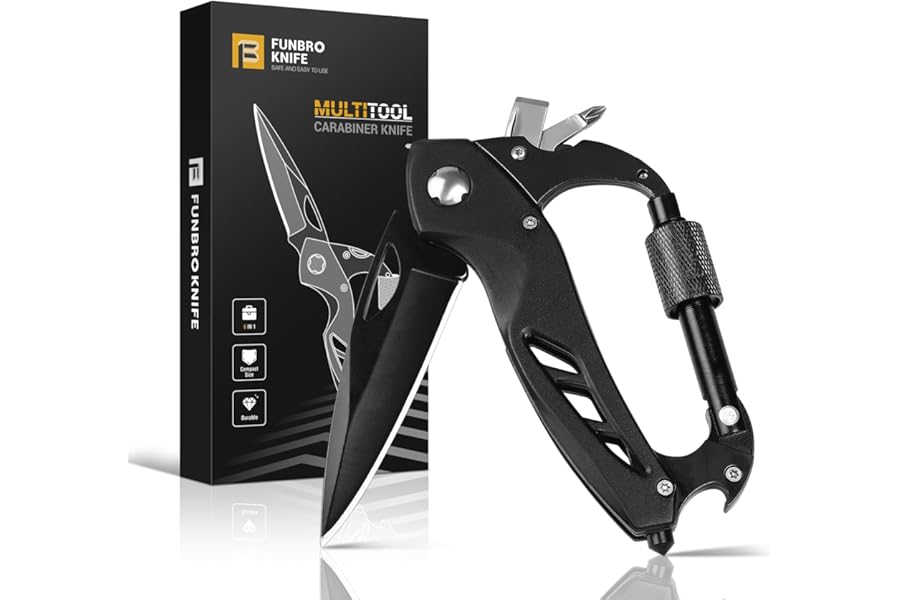 FUNBRO Multitool Carabiner with Pocket Knife, Bottle Opener | Stocking Stuffers Gifts for Men, EDC Carabiners with Folding Knives, Window Breaker and Screwdriver, Gear for Camping Hiking