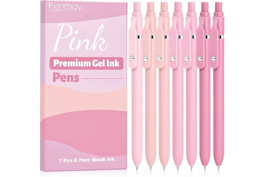 Fenmay Pink Pens Black Ink, 7 Pcs 0.7mm Fine Point Smooth Writing Gel Pens, Quick Dry & No Smudge, Cute Aesthetic Back-to-School Office School Supplies Gifts for Women & Students