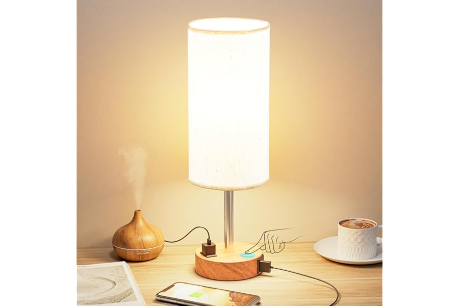 Fenmzee Bedside Table Lamp for Bedroom - Dimmable Touch, USB A+C, AC Outlet | 3-Way Dimmable, LED Bulb Included, Fabric Lamps