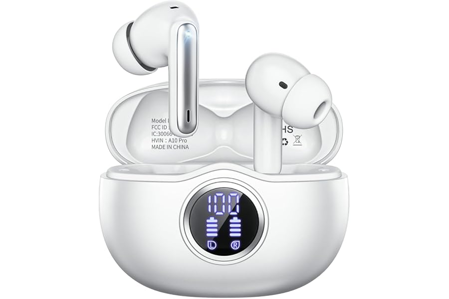 Fhumsh Wireless Earbuds, Bluetooth 5.3 Headphones HiFi Stereo 50H Playback LED Digital Display Ear Buds with ENC Noise Canceling Headset, IPX7 Waterproof Earphones for Gym/Running/Work（White）