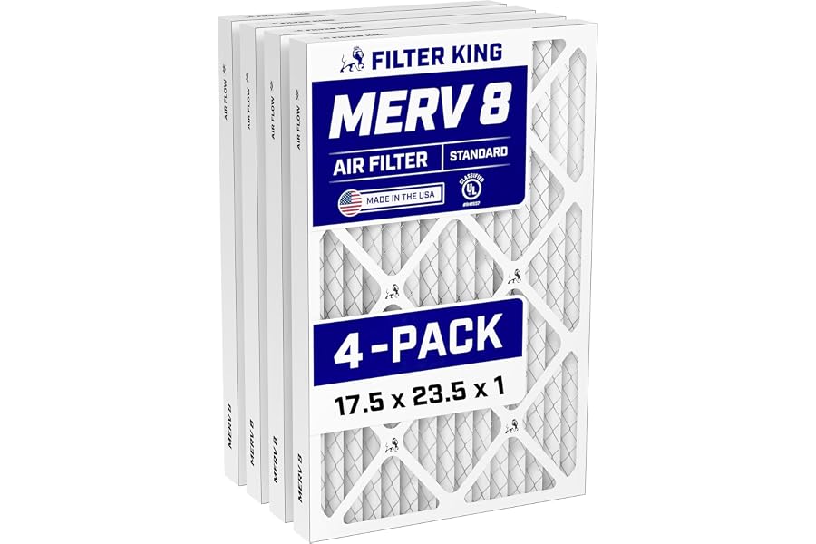 Filter King 17.5x23.5x1 Air Filter (MERV 8) (4-Pack) Dust & Allergy Control AC Furnace Filters, MADE IN USA, HVAC, Pleated, Electrostatic (Actual Size: 17.5 x 23.5 x .75)