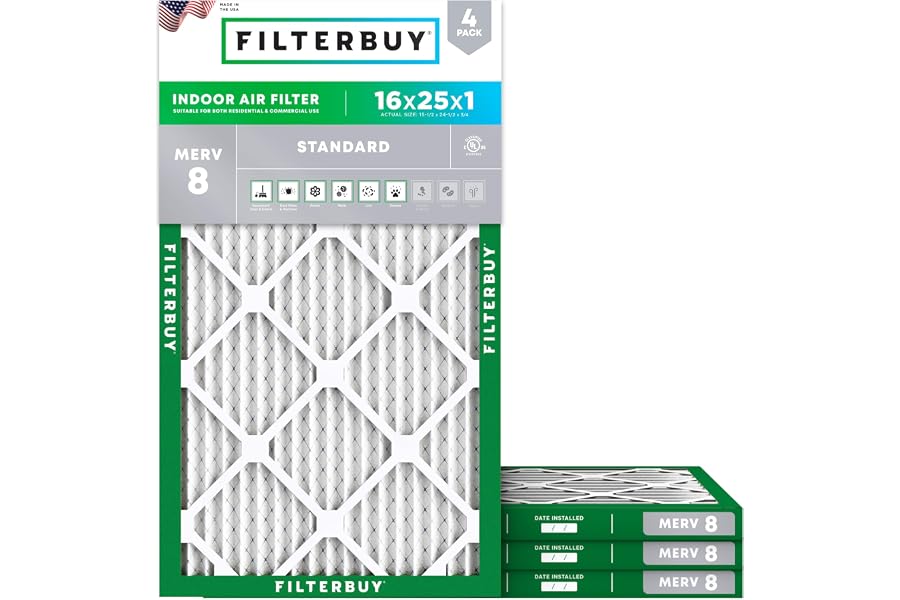 Filterbuy 16x25x1 Air Filter MERV 8 Dust & Allergy Defense (4-Pack) | Electrostatic Pleated HVAC AC Furnace Filters Replacement, Made in USA (Actual Size: 15.50 x 24.50 x 0.75)