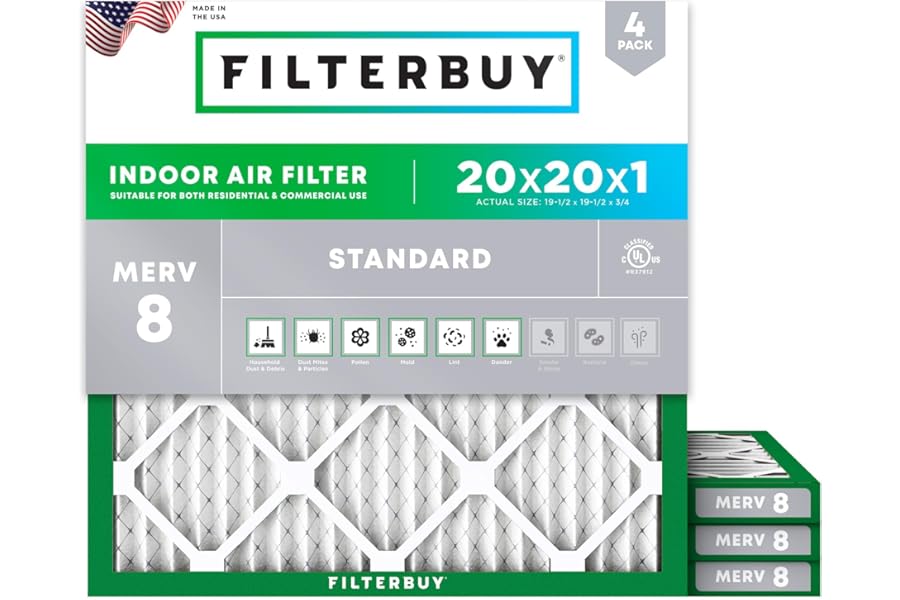 Filterbuy 20x20x1 Air Filter MERV 8 Dust & Allergy Defense (4-Pack) | Electrostatic Pleated HVAC AC Furnace Filters Replacement, Made in USA (Actual Size: 19.50 x 19.50 x 0.75)