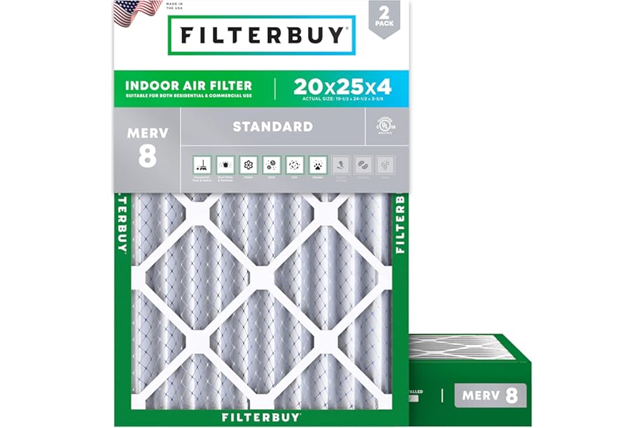 Filterbuy 20x25x4 Air Filter MERV 8 Dust & Allergy Defense (2-Pack) | Electrostatic Pleated HVAC AC Furnace Filters Replacement, Made in USA (Actual Size: 19.50 x 24.50 x 3.63)