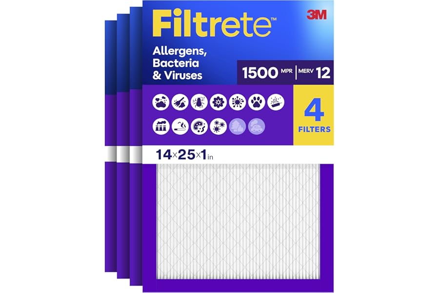 Filtrete 14x25x1 Air Filter, MERV 12, MPR 1500, Allergens, Bacteria & Viruses, 3-Month AC and Furnace Filters, Cleaner Air, Reliable Airflow, 4 HVAC Filters (Actual Size 13.62 x 24.62 x 0.78 in)