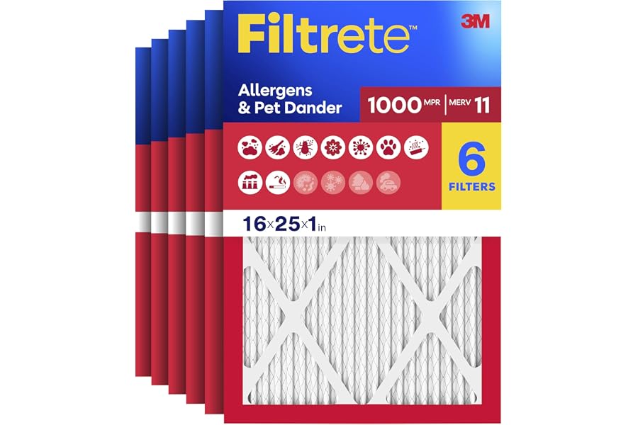Filtrete 16x25x1 Air Filter, MERV 11, MPR 1000, 6 HVAC Filters | Allergens & Pet Dander, 3-Month AC/Furnace Filters, Cleaner Air, Reliable Airflow, (Act. Size 15.68x24.68x0.81 in)