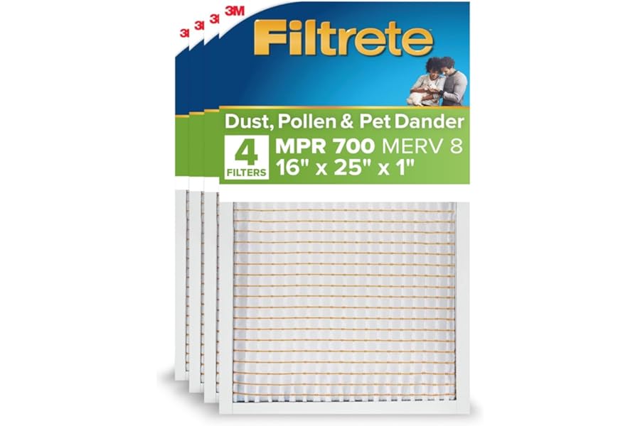Filtrete 16x25x1 Air Filter MERV 8, MPR 700 Tough on Pollen 4-Pack, AC Furnace HVAC Filters for Home, 3-Month Pleated Electrostatic (Actual Size 15.68 x 24.56 x 0.78 in)