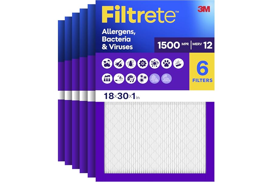 Filtrete 18x30x1 Air Filter, MERV 12, MPR 1500, 6 HVAC Filters | Allergens, Bacteria & Viruses, 3-Month AC/Furnace Filters, Cleaner Air, Reliable Airflow, (Act. Size 17.81x29.81x0.78 in)