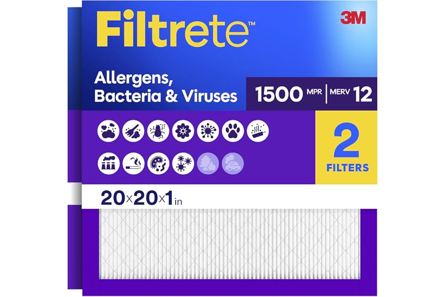 Filtrete 20x20x1 Air Filter, MERV 12, MPR 1500, 2 HVAC Filters | Allergens, Bacteria & Viruses, 3-Month AC/Furnace Filters, Cleaner Air, Reliable Airflow, (Act. Size 19.62x19.62x0.78 in)