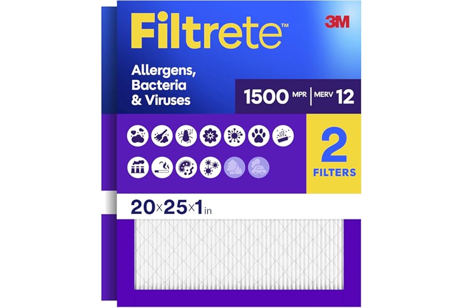 Filtrete 20x25x1 Air Filter, MERV 12, MPR 1500, Allergens, Bacteria & Viruses, 3-Month AC and Furnace Filters, Cleaner Air, Reliable Airflow, 2 HVAC Filters (Actual Size 19.62 x 24.62 x 0.78 in)