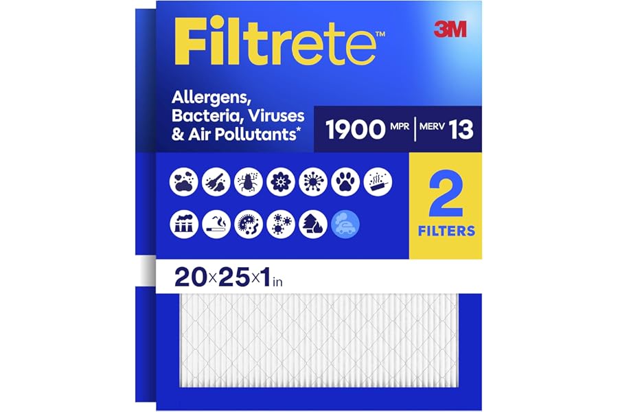 Filtrete 20x25x1 Air Filter, MERV 13, MPR 1900, 2 HVAC Filters | Allergens, Bacteria, Viruses & Air Pollutants, 3-Month AC/Furnace Filters, (Act. Size 19.62x24.62x0.78 in)
