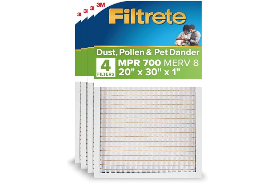 Filtrete 20x30x1 AC Furnace Air Filter, MERV 8, MPR 700, Tough on Pollen, Easy on Airflow, 3-Month Pleated 1-Inch Electrostatic Air Cleaning Filter, 4-Pack (Actual Size 19.880 x 29.880 x 0.8125 in)