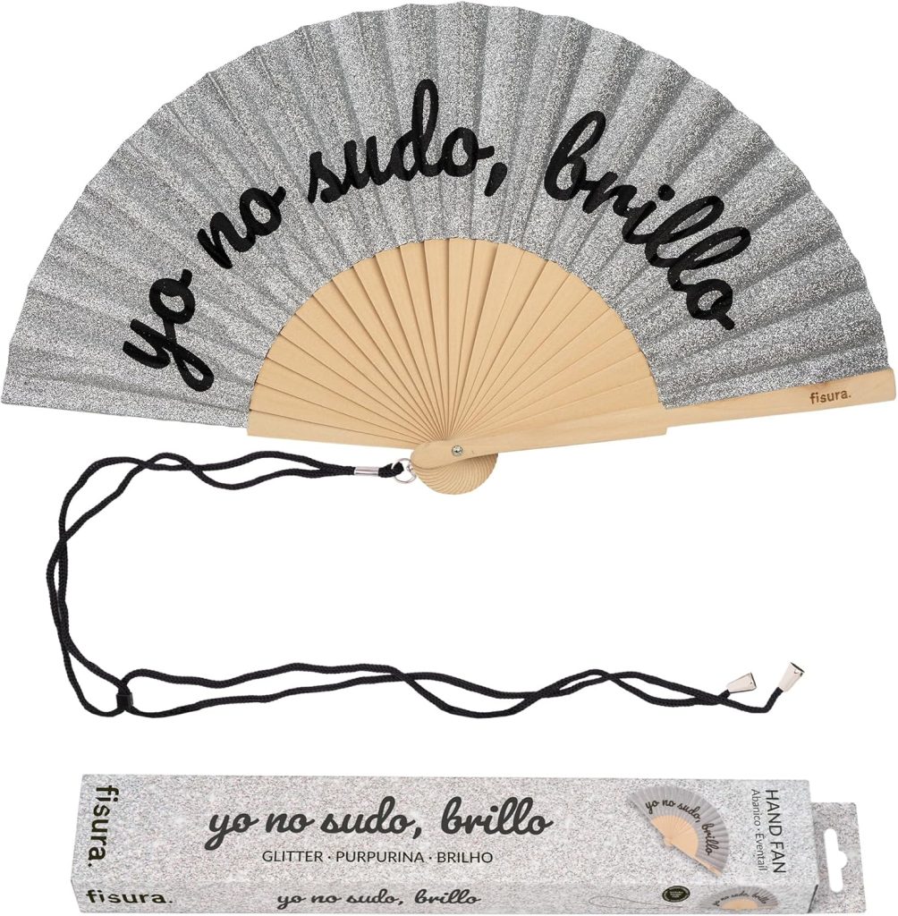 Fisura – Abanico Original con Mensaje “yo no sudo”. Abanico de Madera Moderno y Colorido. Ventilador de Mano de Purpurina Plata. Colgador Incluido. Idea de Regalo Divertida. 42,5 x 23 cm