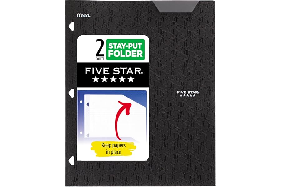 Five Star 2-Pocket Folder, Plastic Folder with Stay-Put Tabs, Fits 3-Ring Binder, Holds 8-1/2" x 11" Paper, Black (333420G-ECM)