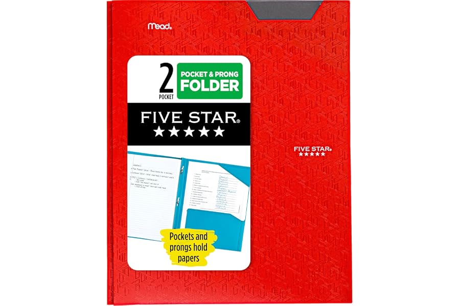 Five Star 2-Pocket Folder, Plastic Folder with Stay-Put Tabs and Prong Fasteners, Holds 8-1/2" x 11" Paper, Fire Red (72109)