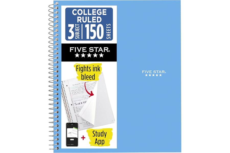 Five Star Spiral Notebook + Study App, 3 Subject, College Ruled Paper, 8.5" x 11", 150 Sheets, Blue (Color May Vary) (820003NH0)
