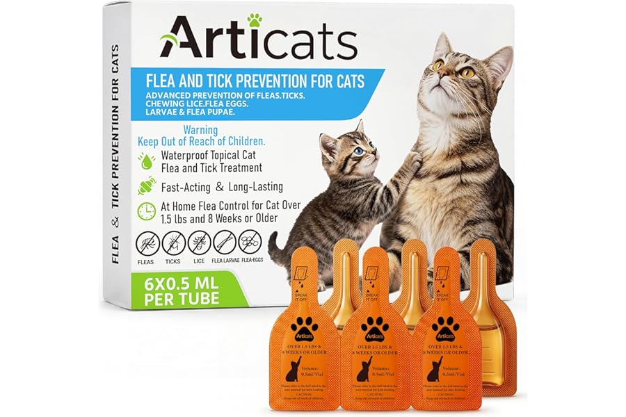 Flea and Tick Prevention for Cats & Kittens, Topical Cat Flea and Tick Treatment – Fast-Acting & Long-Lasting 6-Dose Supply