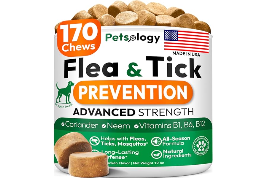 Flea and Tick Prevention for Dogs Pills - 170 Soft Chewables - Natural Dog Flea & Tick Control - Oral Defense Treatment for D