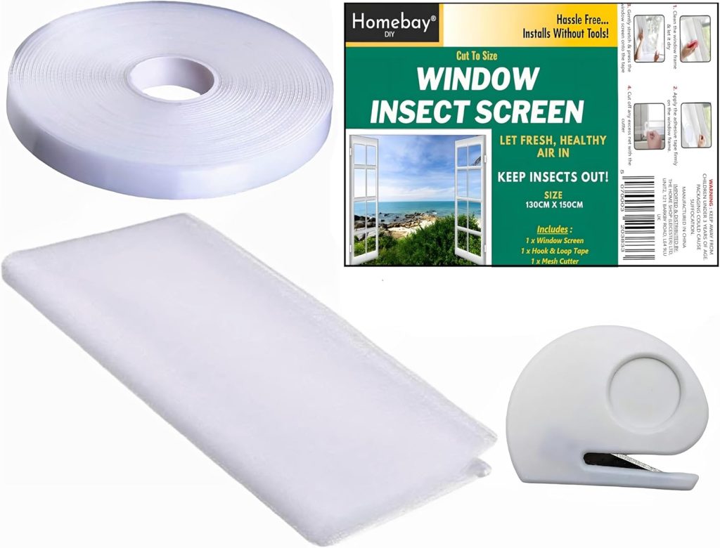 Fly Screens For Windows -Cut To Size Nets to Keep Bugs & Mosquito out, Window Insect Screen Fine Mesh With Impoved Mushroom Hook Adhesive Tape & Cutter
