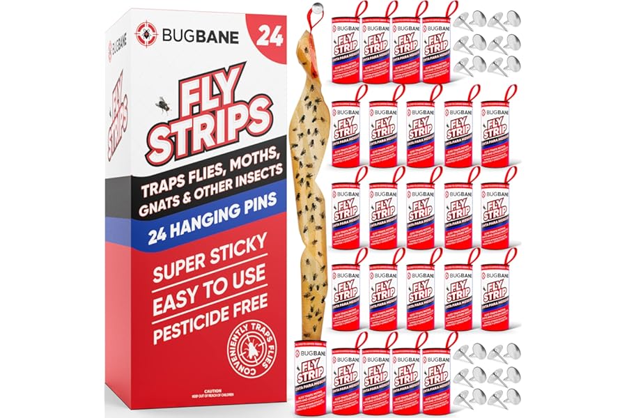 Fly Strips Indoor Sticky Hanging 24pk with Pins. Non Toxic Outdoor Fly Trap Indoor for Home. Flies Tape Paper Trap Ribbon Roll for House Gnat Fruit and Housefly. Bug Catchers for Inside Home Flypaper.