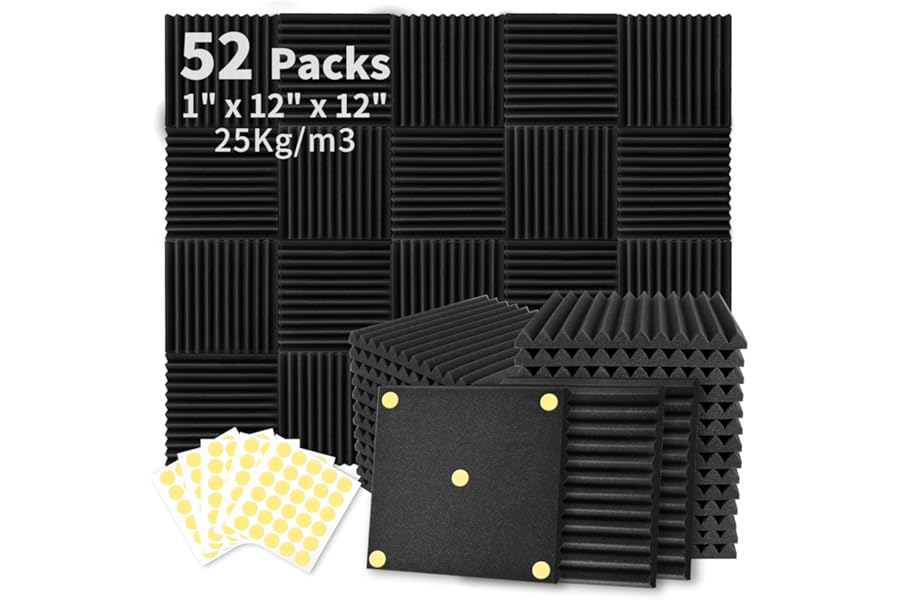 Focusound 52 Pack Acoustic Foam Panels 1" x 12" x 12" Sound Proof Foam Panles Soundproofing Noise Cancelling Wedge Panels for