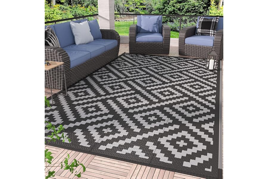 GENIMO Outdoor Rug for Patio Clearance,5'x8' Waterproof Mat,Reversible Plastic Camping Rugs,Rv,Porch,Deck,Camper,Balcony,Backyard,Black & Gray