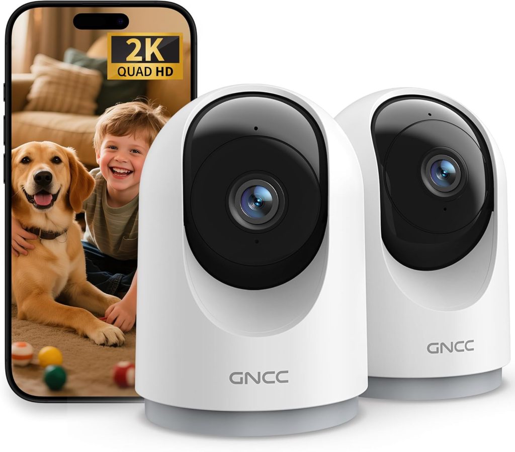 GNCC 2K Camaras Vigilancia Domicilio Wifi, Camara Vigilancia WiFi Interior para Bebés/Mascotas, Seguimiento, Detección de IA, Audio Bidireccional, Visión Nocturna, Compatible con Alexa(2,4GHz)(Pack 2)