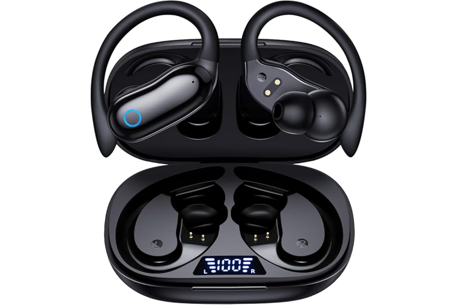 GNMN Active Noise Cancelling Ear Buds Wireless Earbuds 96hrs Playback Bluetooth Headphones Dual Battery Display Stereo Bass Earphones with Earhooks Microphone IPX7 Waterproof for Sports/Runing/Workout