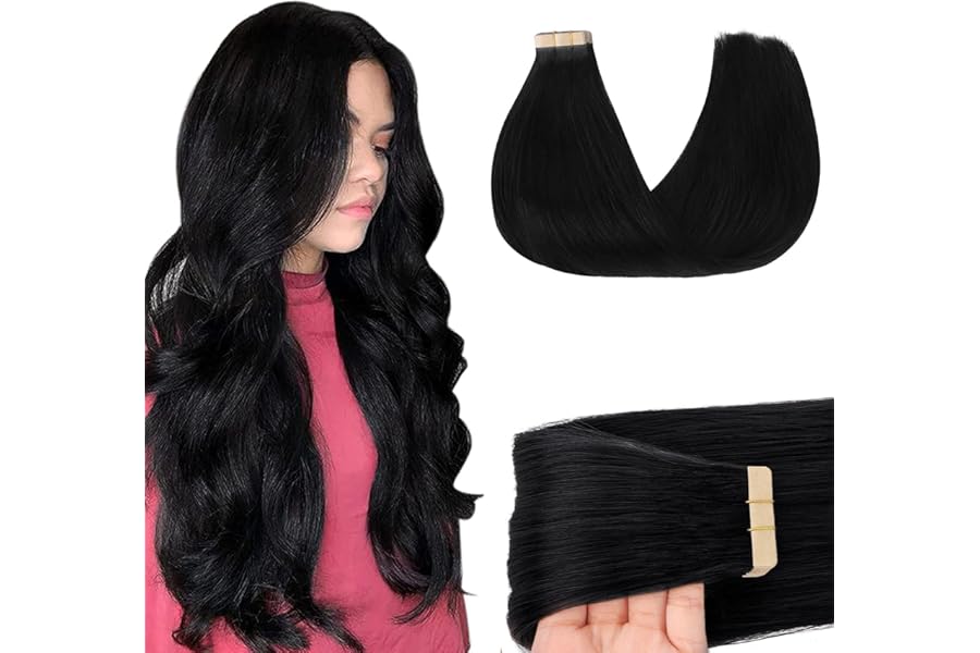 GOO GOO Tape in Hair Extensions Human Hair, 1 Jet black, 20inch 50g 20pcs, Skin Weft Seamless Invisible, Silky Straight with Thick Ends, Remy Human Hair