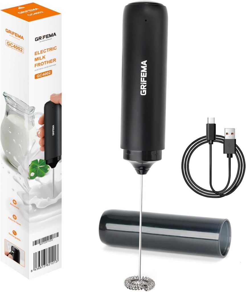 GRIFEMA Espumador de Leche Eléctrico Recargable Batidor Café USB | 13000 RPM Mini Batidor Leche con Varilla Inox, Sin BPA, Ergonómico para Latte, Cappuccino, Matcha y Batidos Proteicos