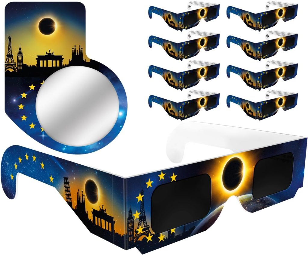 Gafas Eclipse Solar Homologadas 2026 (Paquete de 10), Cumple con las Normas CE e ISO, Seguras para Observar el Sol Directamente, con Filtro para Fotos, Diseño de Bandera (Solar Eclipse Glasses)